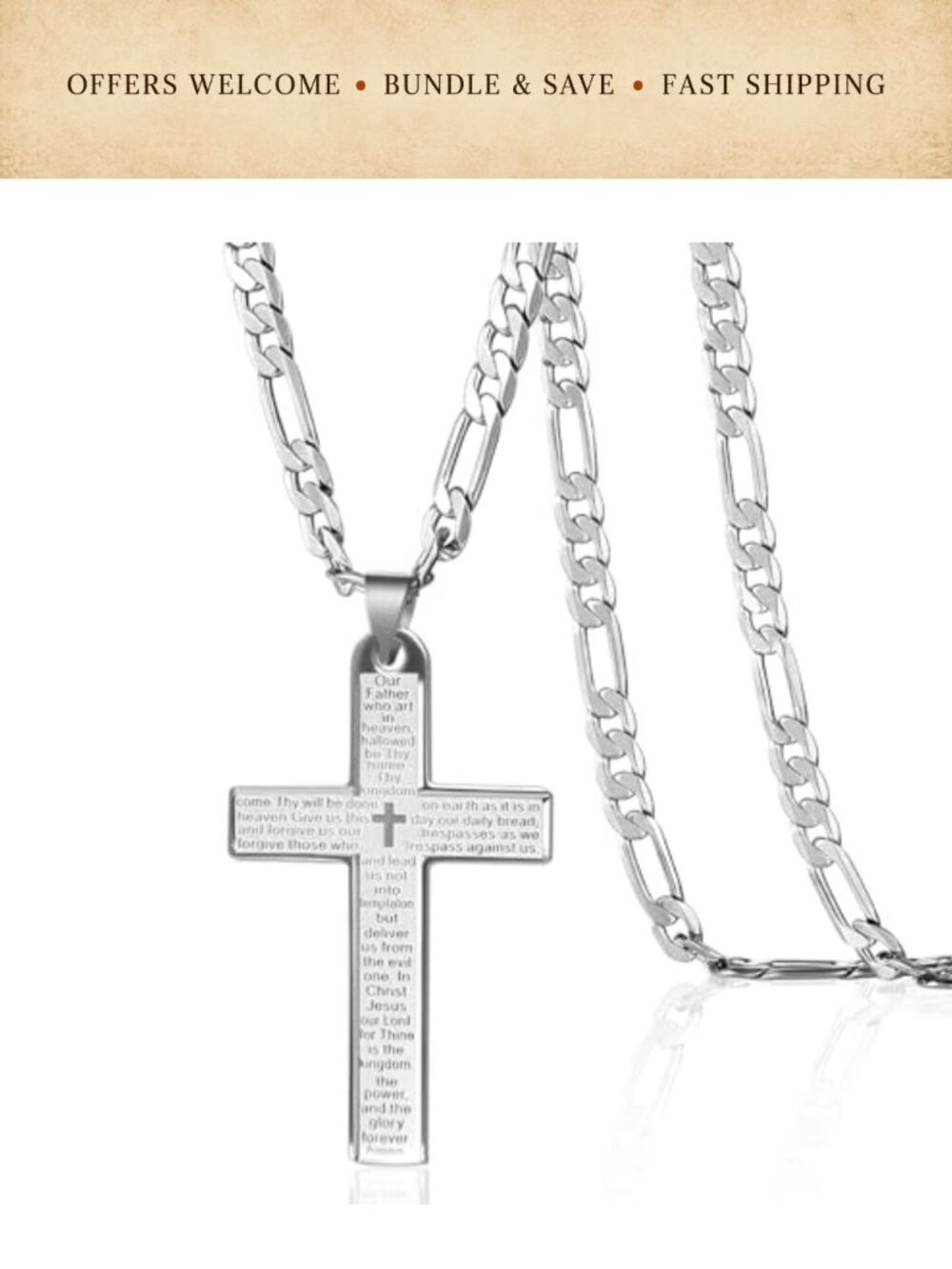 Men's Stainless Steel Cross Necklace 5mm Figaro Chain 24 Inch